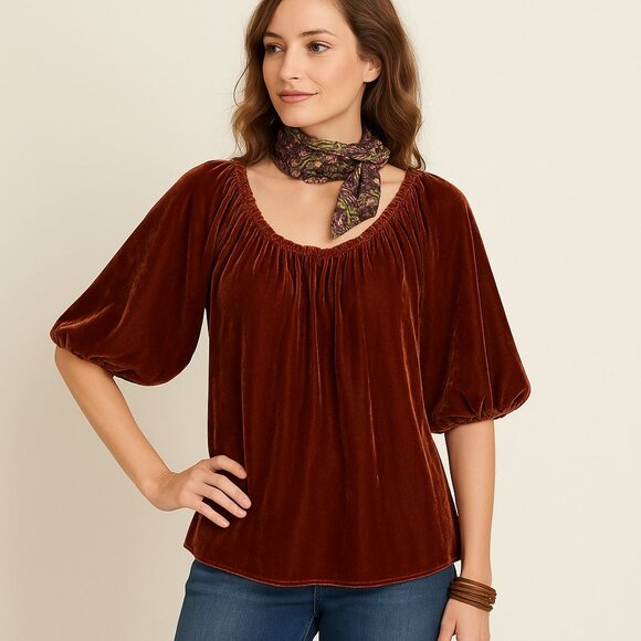 Sundance Tops - Sundance Velvet Peasant Blouse Rust Brown Silk Blend M